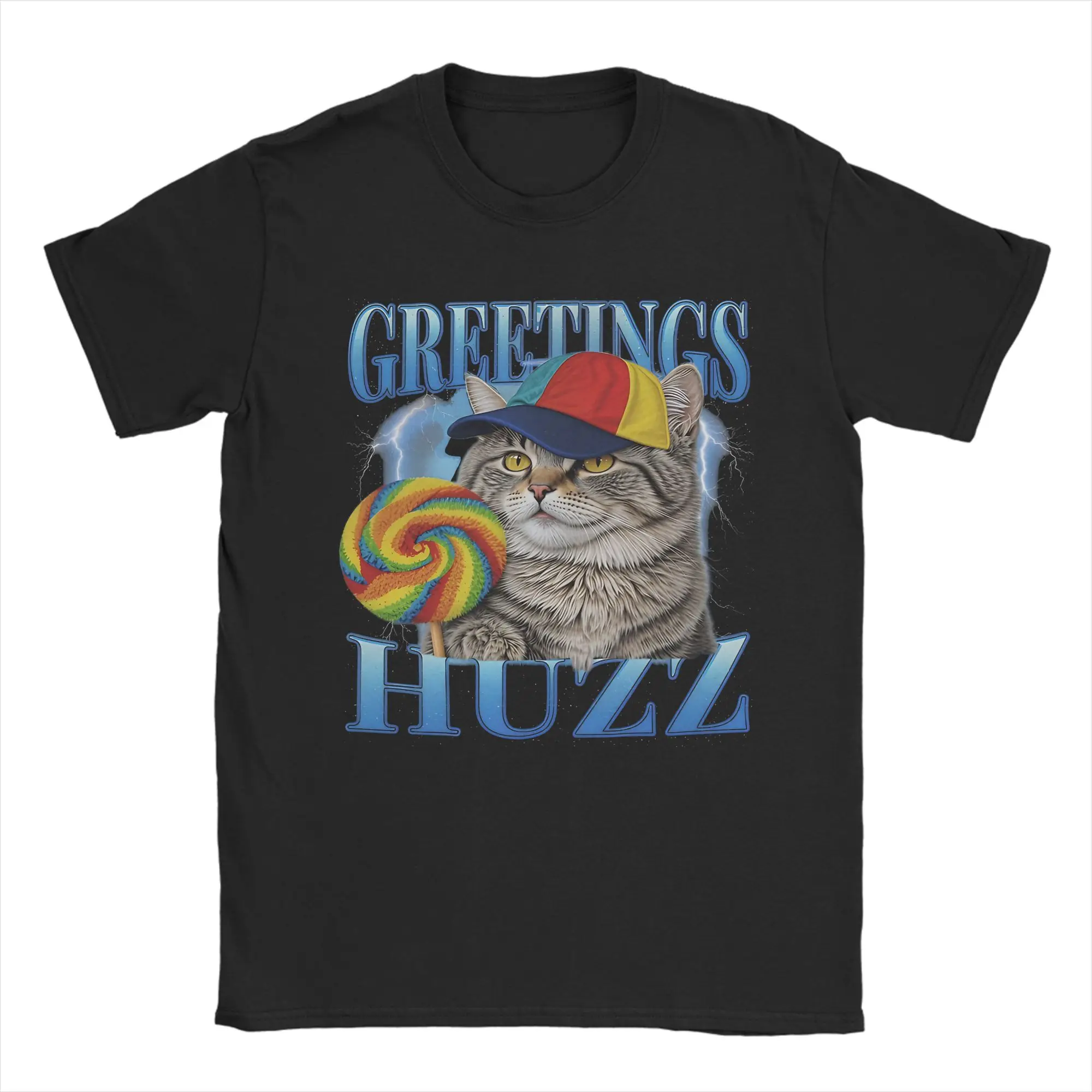 Lollipop Cat Meme Greetings Huzz Funny Silly Cats Cotton T Shirt For Mens Summer Y2K T-Shirts Leisure Tees Oversized Clothing