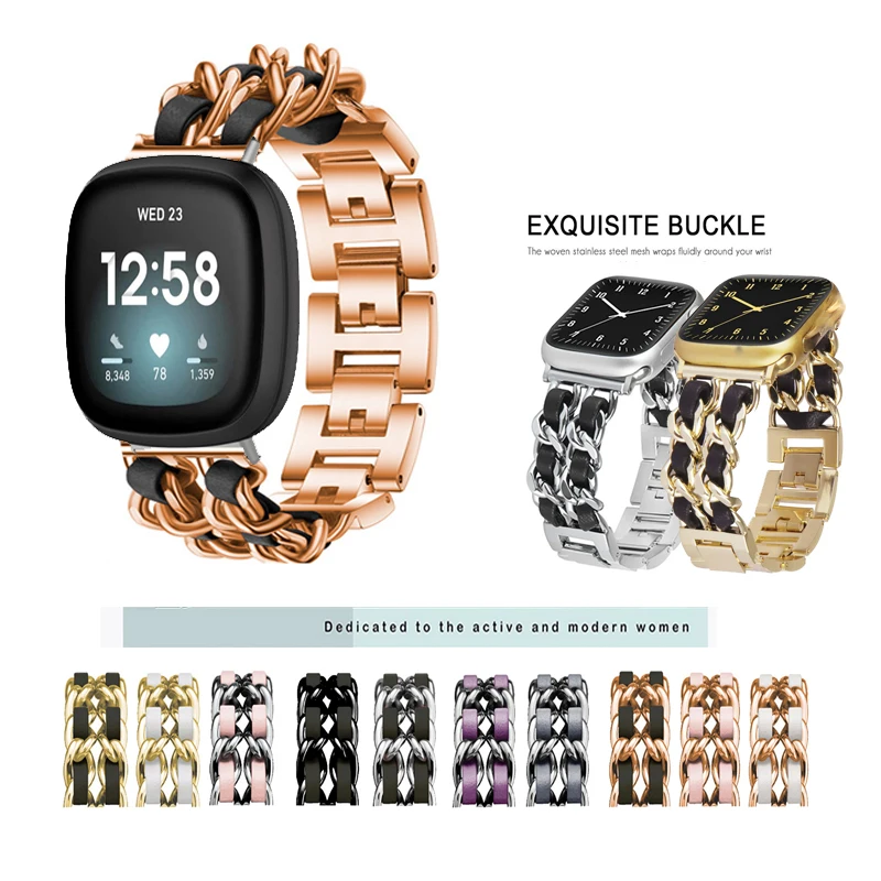 Women Bracelet Metal Chain Strap+ Connector For Fitbit Versa 4 3 / Sense 2 Elegant Spare Strap
