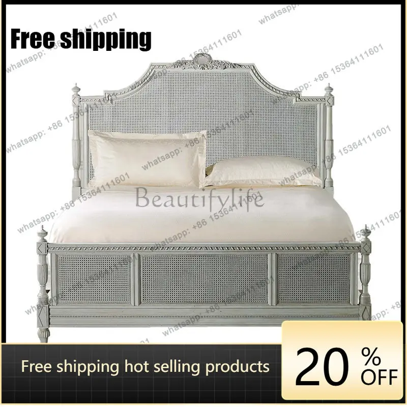 

PJ French country solid wood carving flower log double bed bedroom rattan art