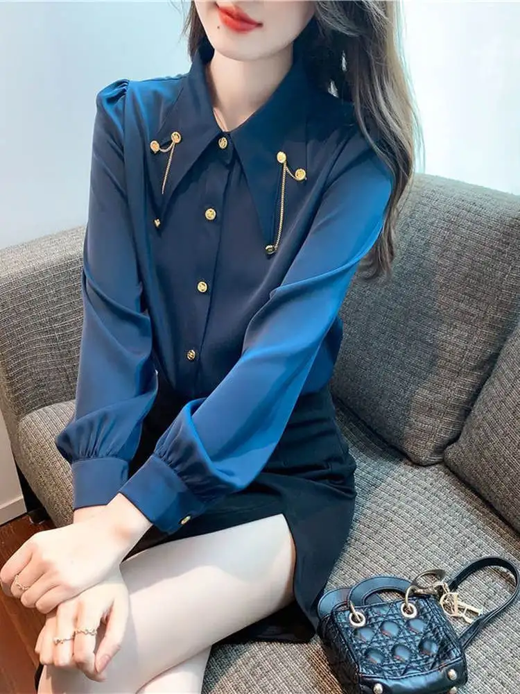 

Ele Pointed Collar Women's irt Spring 2025 New Faion Chiffon Top Chain Splicing Loose Fit Long Sve Ne