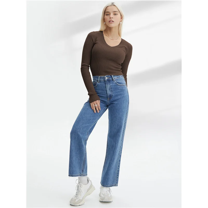 

ABP-Женские рубашки с длинным рукавом и v-образным вырезом, трикотаж в рубчик, облегающий легкий свитер, осенние нарядные повседневные топы