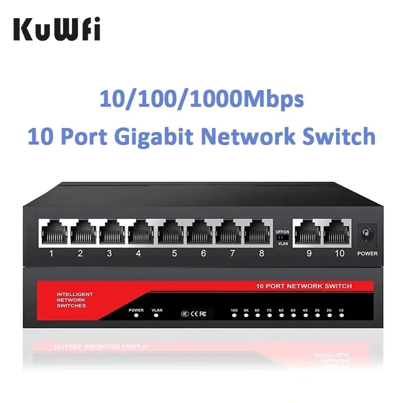 KuWFi 10 포트 기가비트 네트워크 스위치, 이더넷 스위치, RJ45 LAN 허브, 데스크톱 고속 스위치, 사무실, 기숙사, 가정용, 1000Mbps 