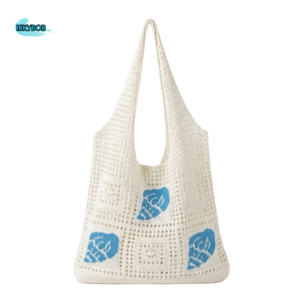 

Simple Conch Crochet Tote Bag Large Capacity Solid Color Woven Shoulder Bag Polyester Cotton Knitting Handbag Spring
