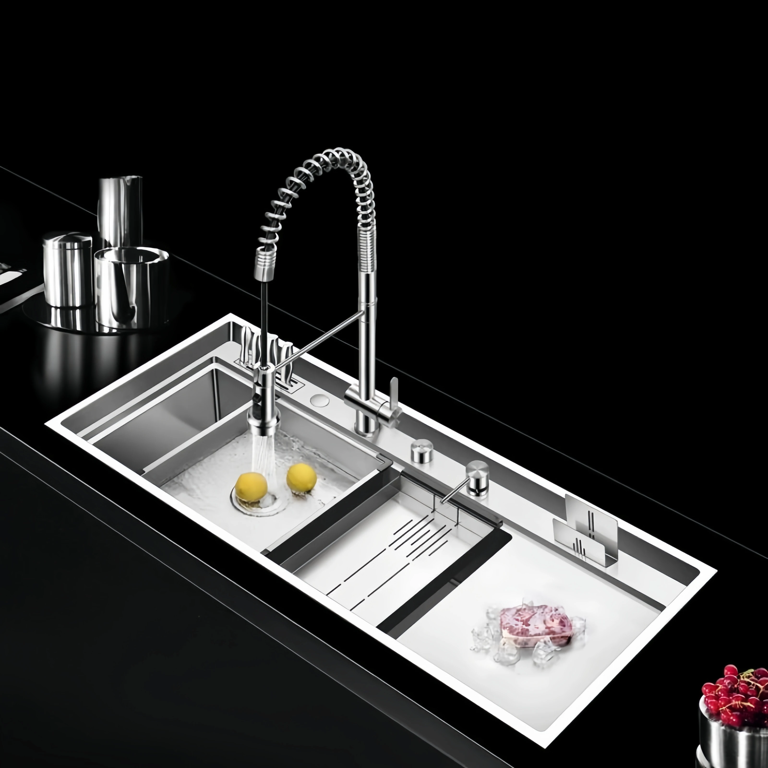 Thickened 304 Stainless Steel Multifunctional Kitchen Sink Hand Sink Double-slot Size with Trash Can
