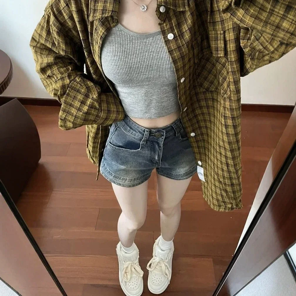 

women's American retro distressed denim shorts, summer high-waisted straight wide-leg slimming A-line shorts for trendy girls