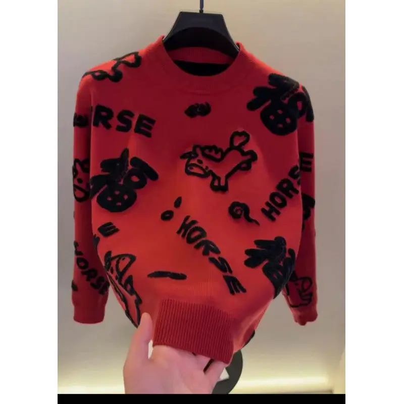 

2025 New Sle Men's Knitted Sweater Couple Winter Clothes Year Red Knitwear for Teens Casual Long Sve round Ne Warm