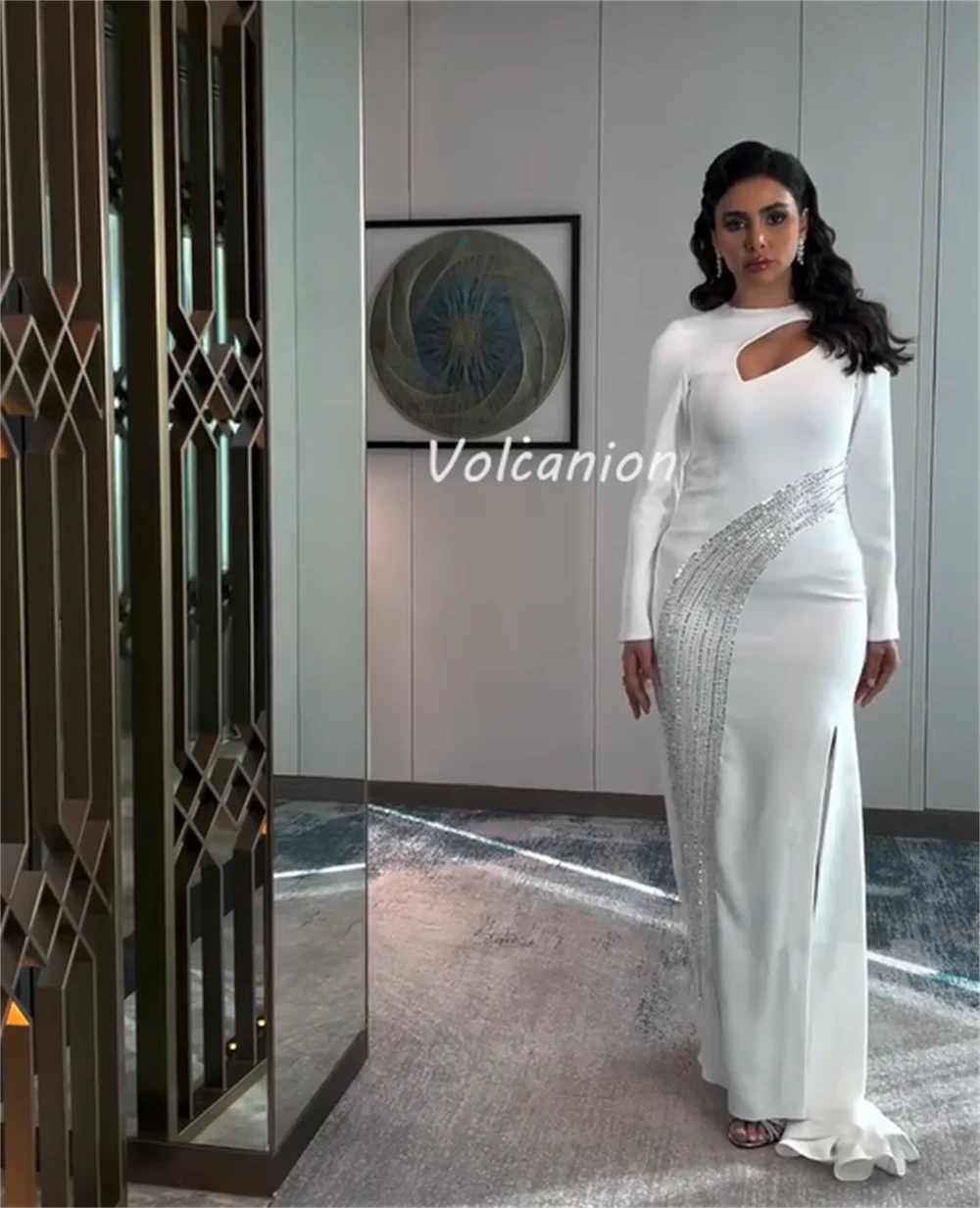 Personalizado elegante clásico Jersey lentejuelas plisado columna cuello redondo vestidos largos vestidos de ocasión a medida alta calidad Formal