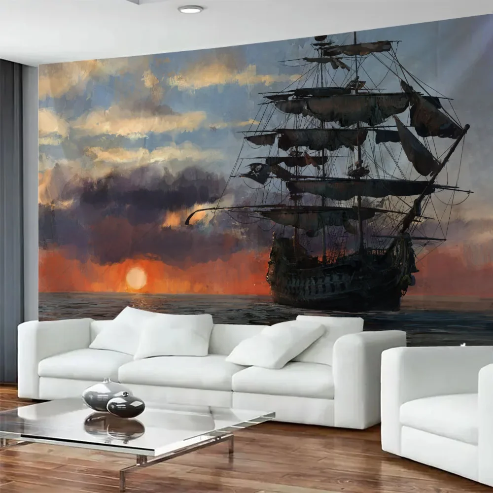 Ocean Pirate Ship Background Polyester Fabric Tapestry Sailing Gloom Night Wall Hanging Home Aesthetic Decoration Poster