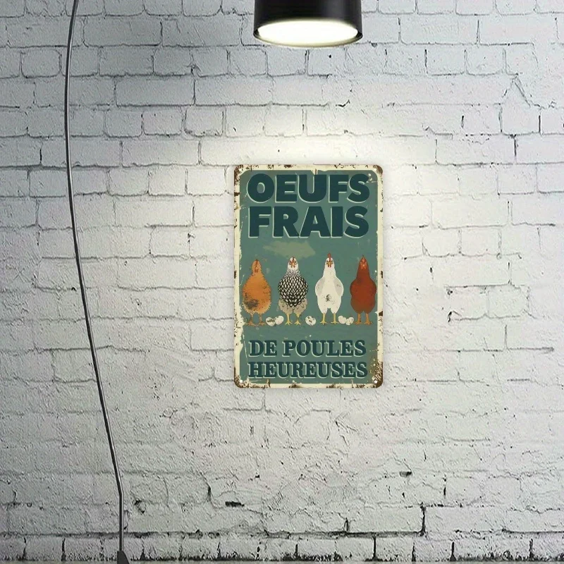Vintage French Farmhouse Chicken Metal Sign Rustic Teal Green & Brown Vintage Farm Decor "Oeufs Frais" (Fresh Eggs) - Easy Hang view 4