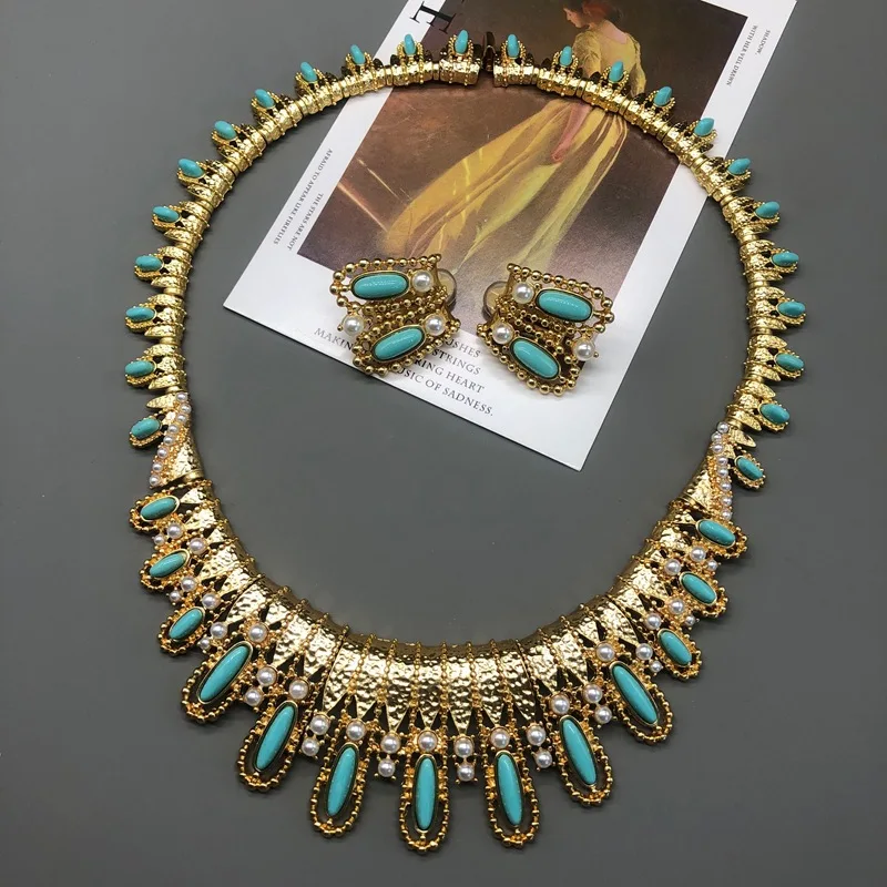 Vintage Gold Plated Pearl Turquoise Necklace & Earrings Set, Elegant Versatile Jewelry for Women
