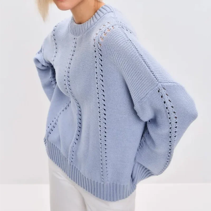 

Новинка 2025 года, элегантные женские вязаные топы, модный однотонный свободный удобный пуловер с круглым вырезом и длинными рукавами