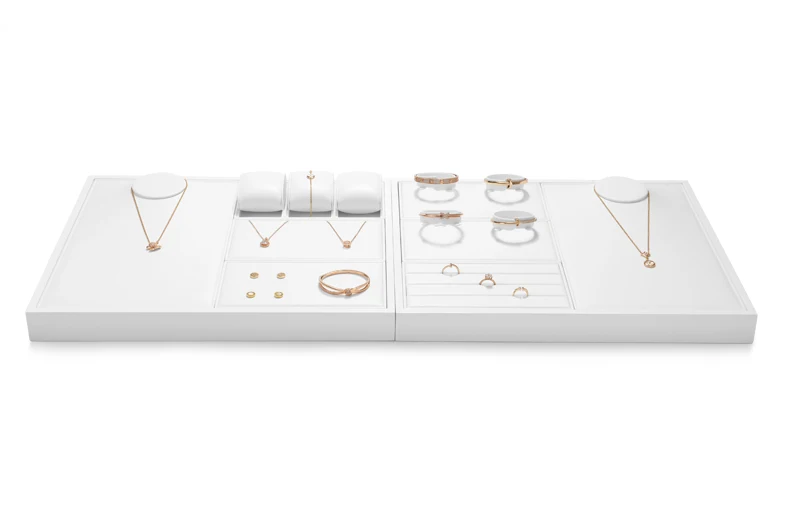 Oirlv Weißes Schmuck-Display-Tablett für Ringe, Ohrringe, Leder-Schmuck-Tabletts, Präsentationstabletts für Armreifen, Armbänder und Halsketten – Detail 14