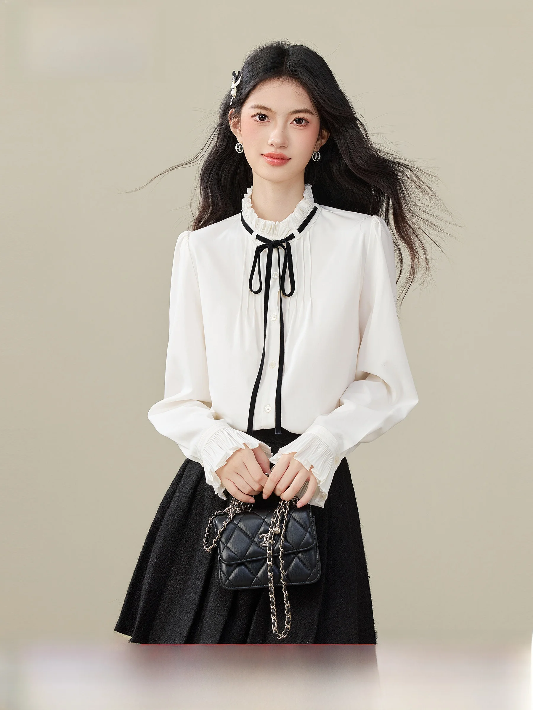 

Retro White Long Sve irt Women's Autumn Winter Small Size Belted Chic Sle Polyester Fiber A-Line Sve Top