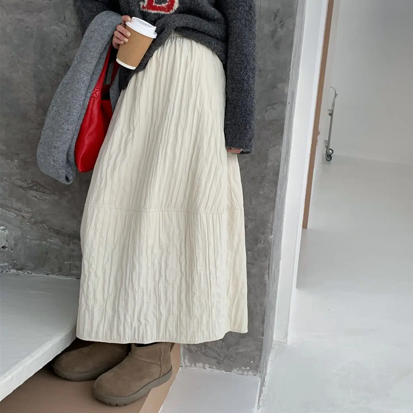 تنورة نسائية يابانية ذات نسيج مطوي للخريف والشتاء، تنورة برعم بالون جديدة غير رسمية، تنورة مظلة فانوس بكلمة واحدة