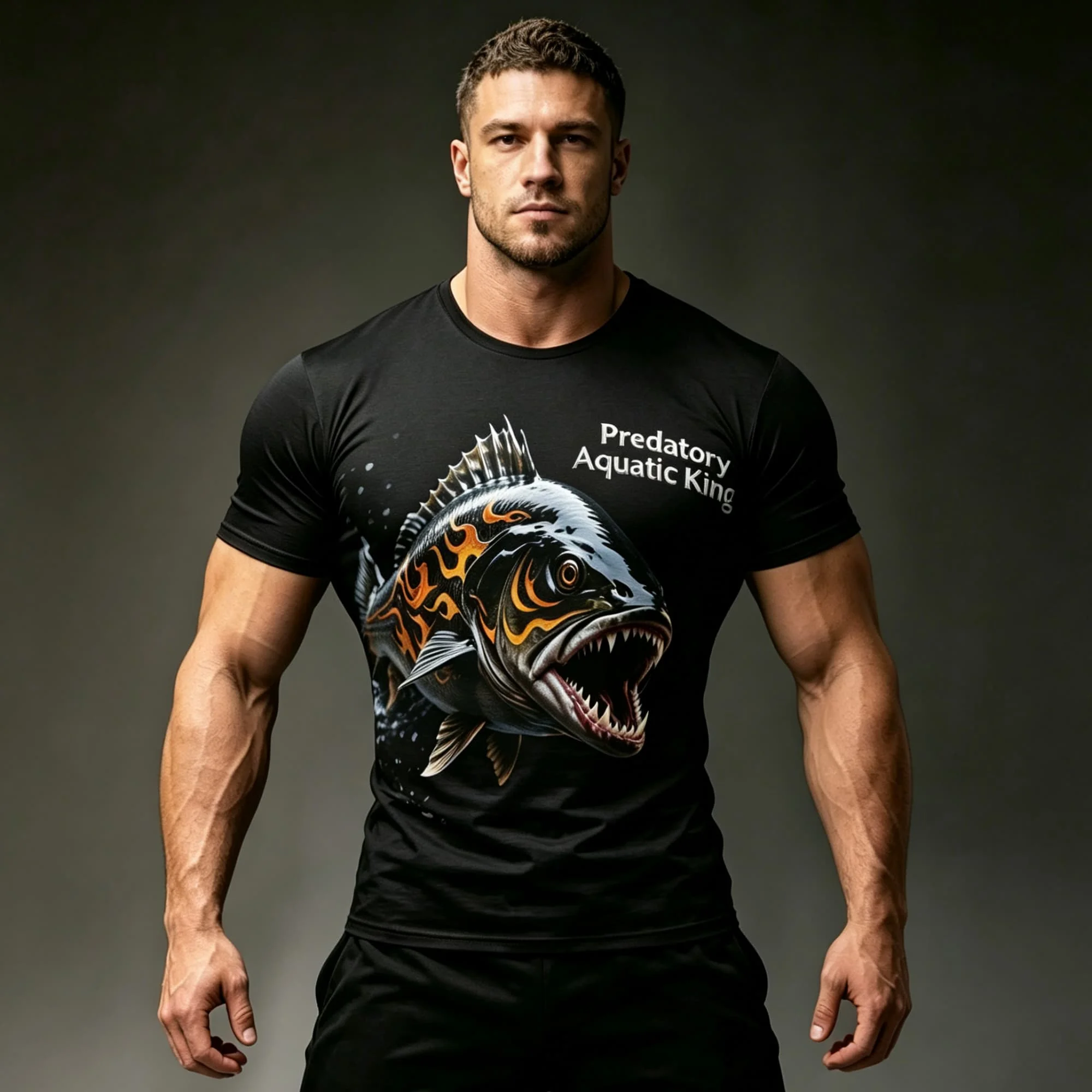 Outdoor Fishing Men Short Sleeve T-shirt Aggressive Predator Fish Print Casual Sports Daily Tops