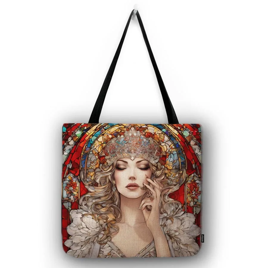 Nouveau Art Mucha Style Elegant Lady Girl Water Resistant Cotton Linen Shopper Bag Grocery Shoulder Bag