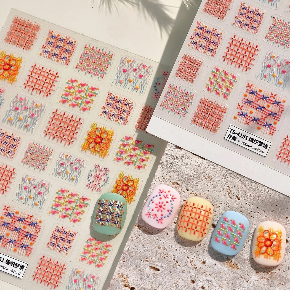 

Love Heart Daisy Floral Colored Knit Design 5D Soft Embossed Relief Self Adhesive Nail Art Stickers Lovely 3D Manicure Decals