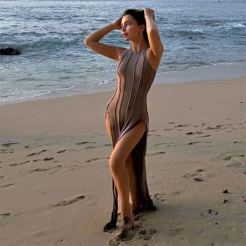 Abito senza maniche con cut-out post-apocalizzico Abito gotico slim-fit con doppia fessura e cucitura a coda di pesce Nuovo abito di dichiarazione alla moda per le donne