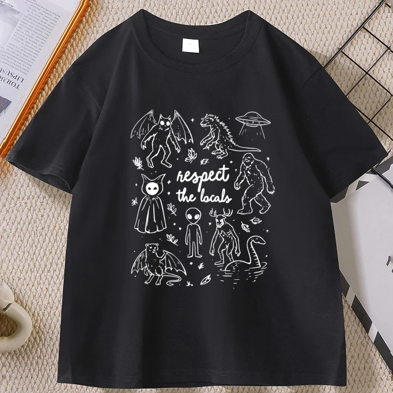 Respect The Locals Cryptid T-Shirt Funny Vintage Mothman T Shirt Men Women Animals Graphic T Shirts Casual Round Neck