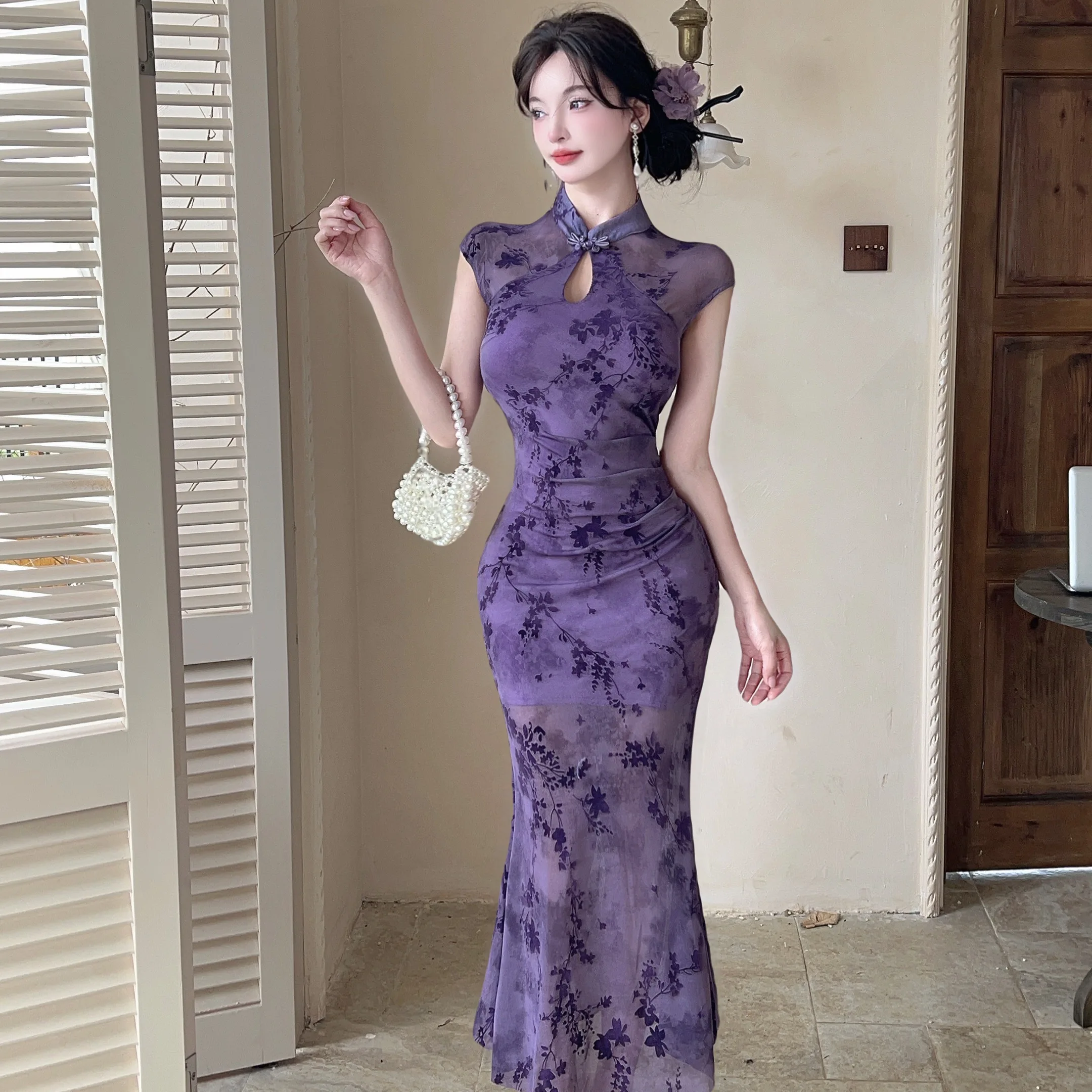 

Новое платье в китайском стиле для молодых девушек: фиолетовое, облегающее, с силуэтом «рыбий хвост», элегантное, из сетчатой ткани, летнее, длинное.