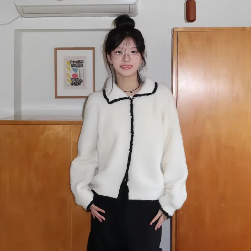 Cardigan ample et élégant pour femme, pull, veste tricotée rétro, couleur contrastée, Style revers, vêtements décontractés, nouvelle collection automne et hiver