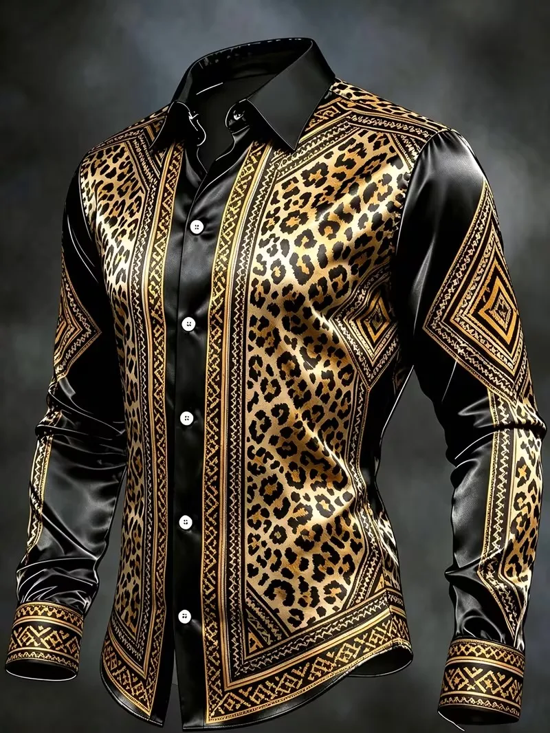 New black and gold leopard print geometric border long sleeved shirt, light luxury retro men's business high-end shirt