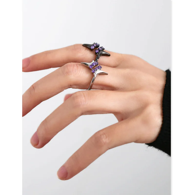 2022 New Star Finger Ring Purple Rhinestones Zircon Hollow Metal Punk Unsex Opening Adjustable Rings for Women Men Jewelry