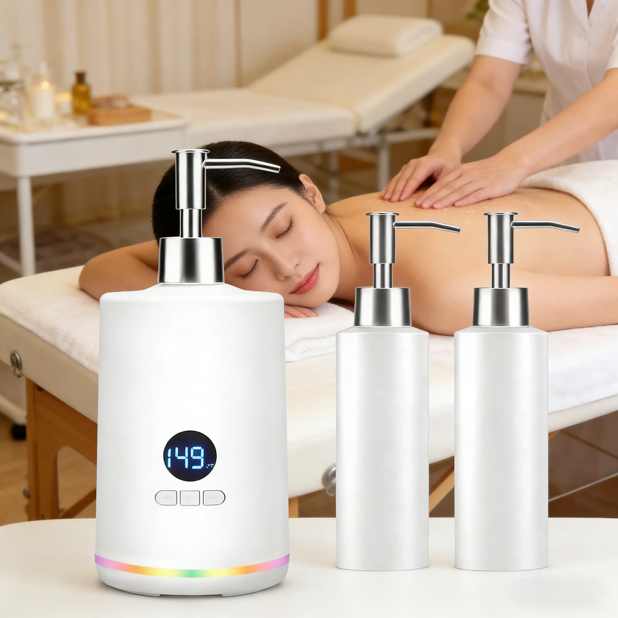 

Massage Oil Warmer Oil Heater Machine Heated Body Lotion Dispenser Device Oil Gel Bottles Heater with Ambient Lighting