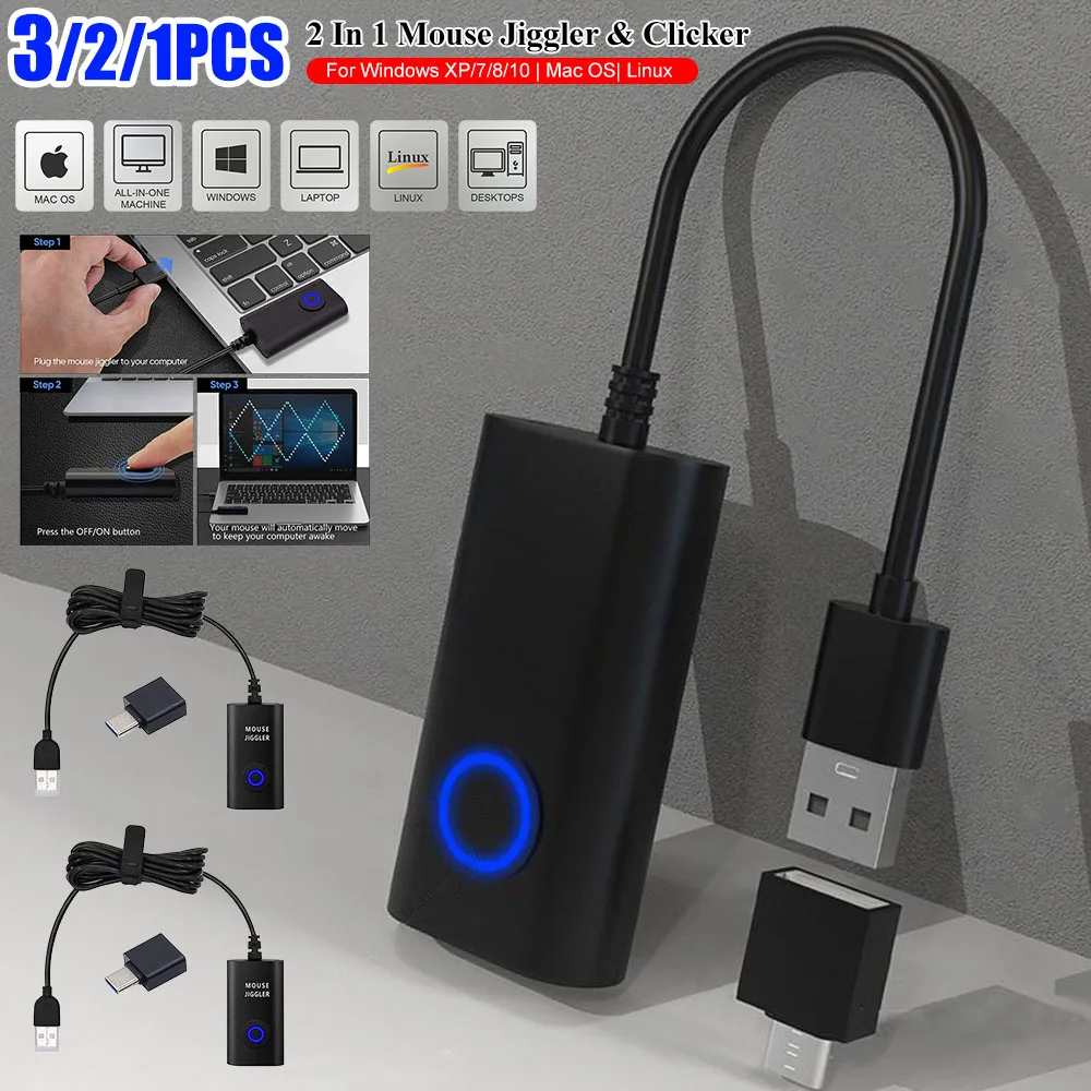 1-3PCS 2 In 1 Mouse Jiggler & Clicker For Keeping Computer Awake Drive-Free USB Automatic Mice Shaker Mouse Movement Simulator