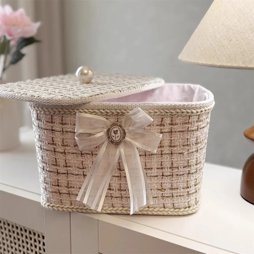 French Cosmetics Storage Box with Lid Desktop Sundries Organize Storage Box Girl's Heart Bow Black Beige Storage Basket