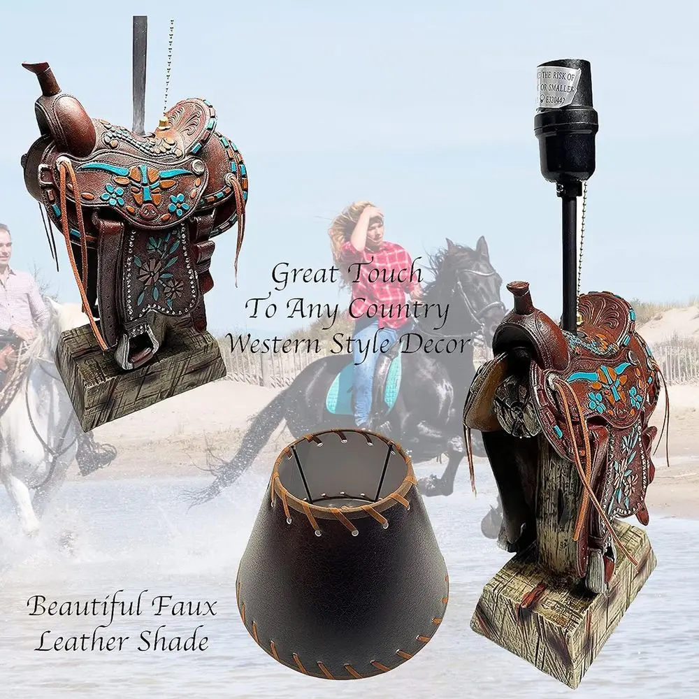 Western Brown and Teal Longhorn Cowboy-Style Home Decor Table Lamp for Living Room, Nightstands, and Bedrooms view 5