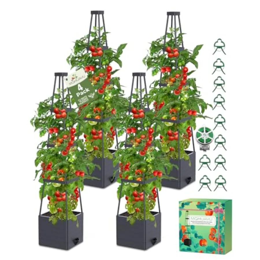 4 Pack Raised Garden Bed Planter Box With Trellis For Outdoor Indoor Use, Galvanized Steel, Black, Self-Watering Space-Saving