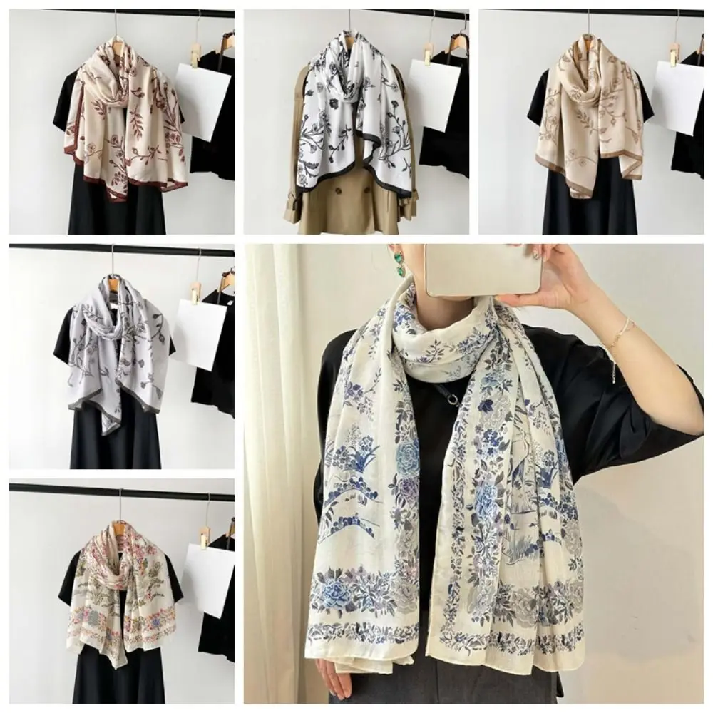 

Breathable Women Floral Scarf Bird Patterned Long Thin Large Shawl Polyester Sweat-absorption Sunscreen Headscarf