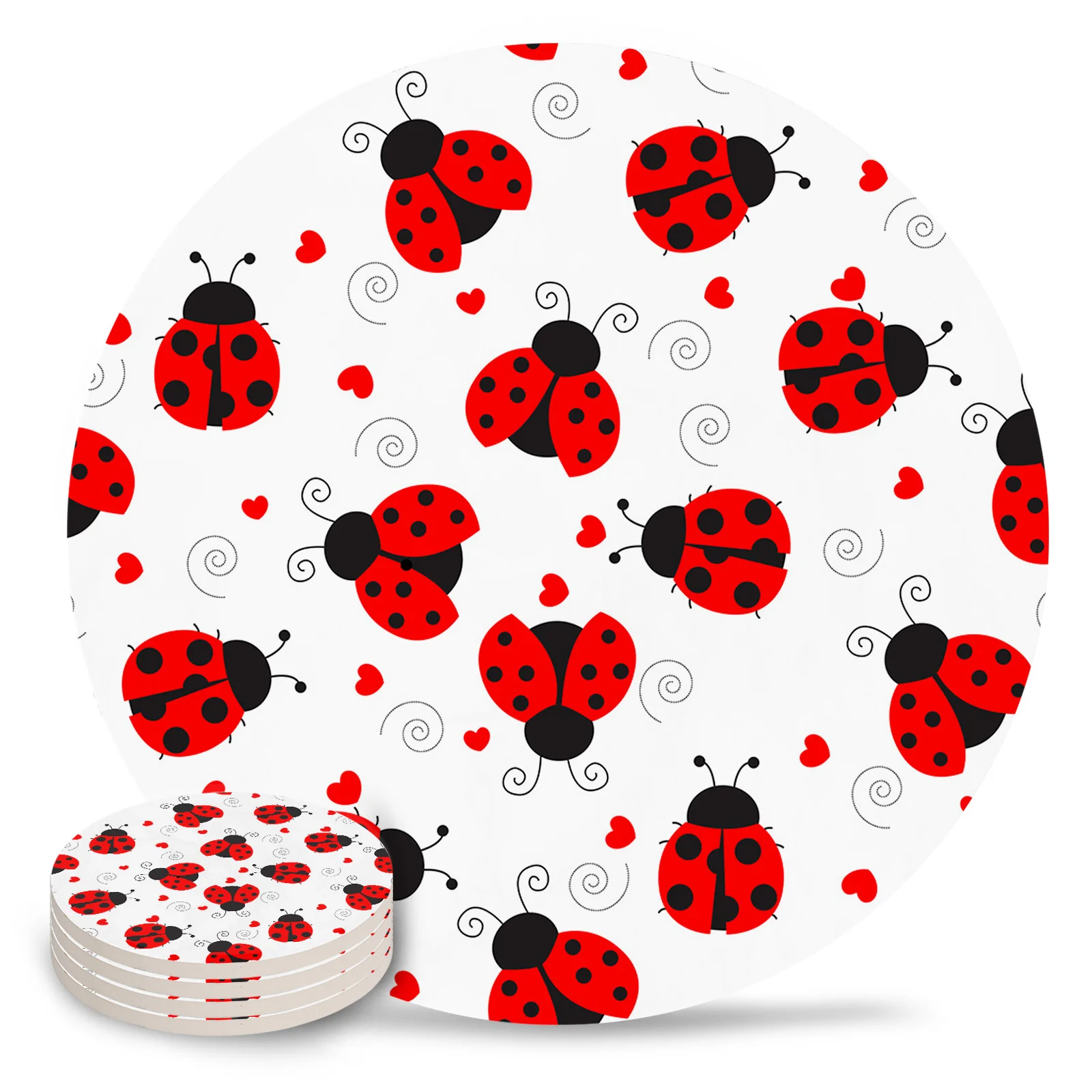 Ladybug Love Heart Dotted Texture Ceramic Coaster Set Kitchen Table Round Placemat Luxury Decor Coffee Tea Cup Coasters