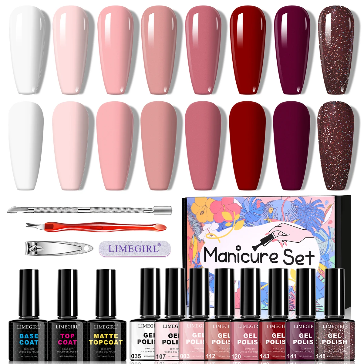 LIMEGIRL 8ML Gel Nagellak Set UV LED Semi-Permanente Inweken Gel Vernis Basislaag & Top Coat Gel nagellak Polish Kit