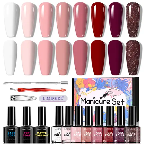 LIMEGIRL 8ML Gel vernis à ongles ensemble UV LED Semi-Permanent trempage Gel vernis couche de Base et couche de finition Gel vernis à ongles Kit