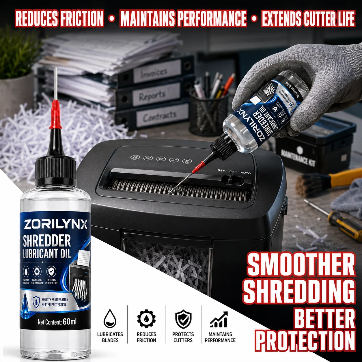 Paper Shredder Blade Lubricant 60ml, Precision Nozzle Oil for Reducing Friction and Maintaining Smooth Shredder Performance