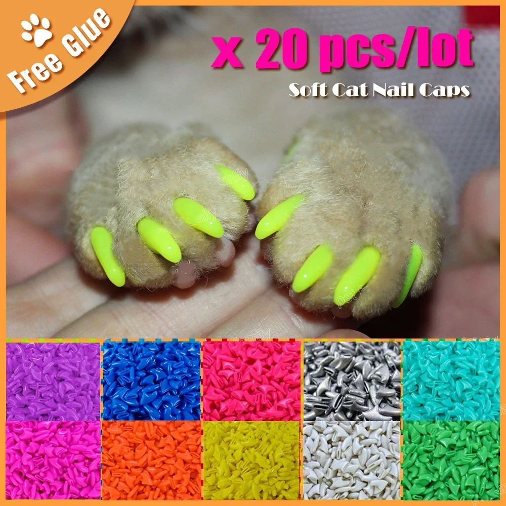 New FASHION colorful Cat Nail Caps soft cat Claw Soft Paws 20 PCS/lot with free Adhesive Glue Size XS S M LGift for pet