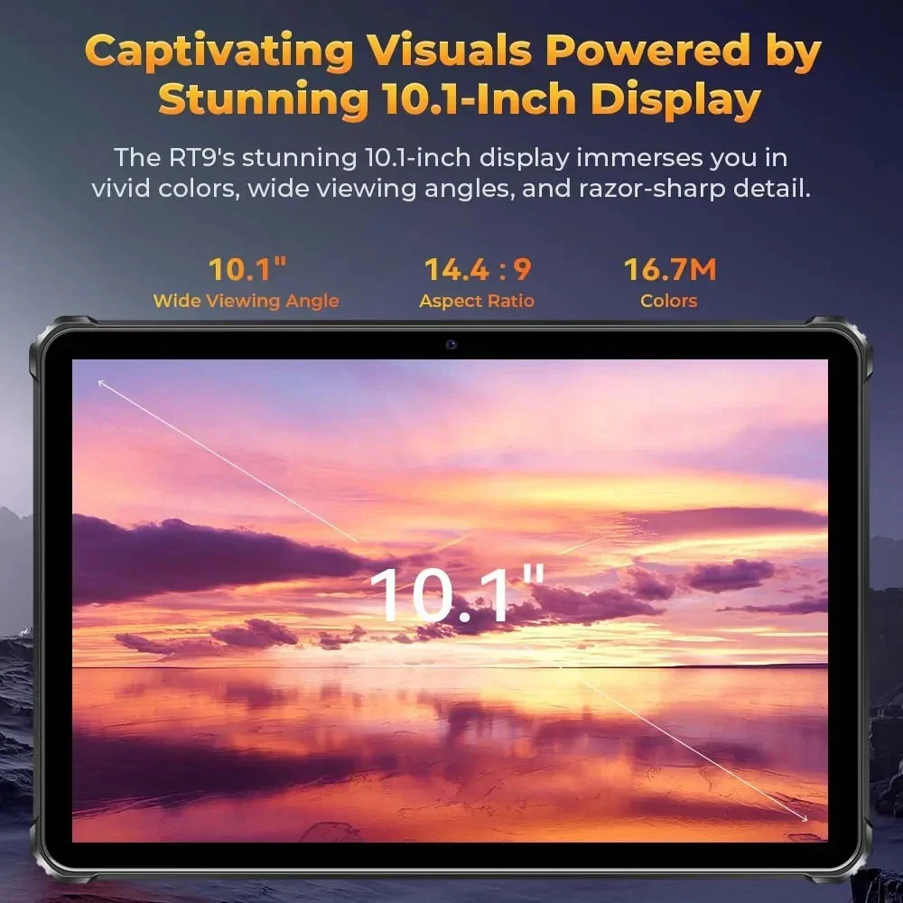 تابلت Oukitel RT9 متين بشاشة 10.1 بوصة عالية الدقة وذاكرة وصول عشوائي 24 جيجابايت وذاكرة وصول عشوائي 256 جيجابايت و4G ومقاوم للماء وبطارية 11000 مللي أمبير في الساعة وأندرويد 14.0 كمبيوتر لوحي