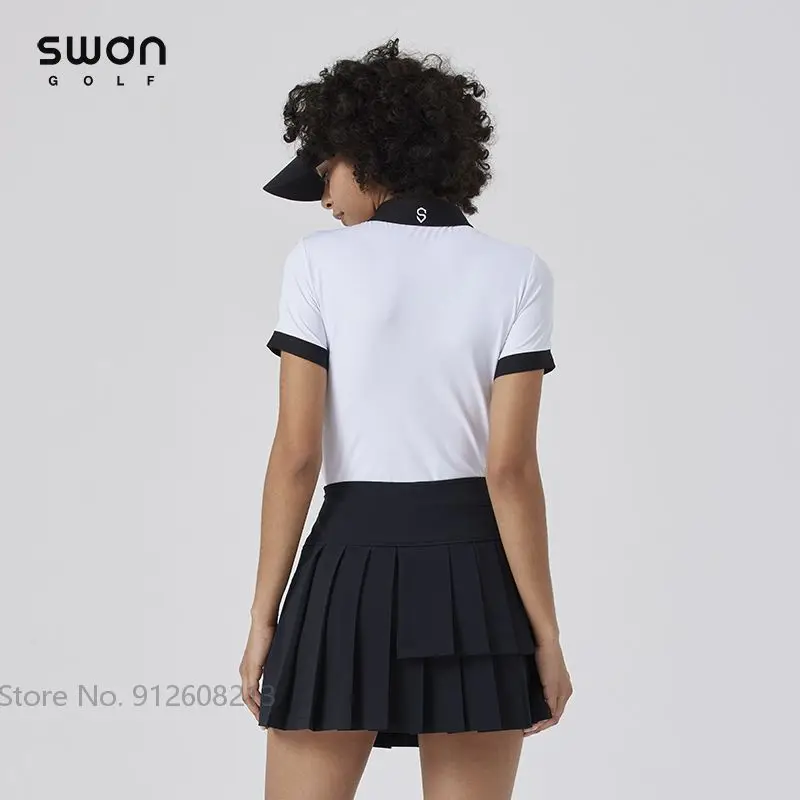 SG Women Short-sleeved Golf Shirt Bow Tie Tops Summer Slim T-shirt Female Anti-exposure Golf Skirt Elastic Pleated Culottes Sets