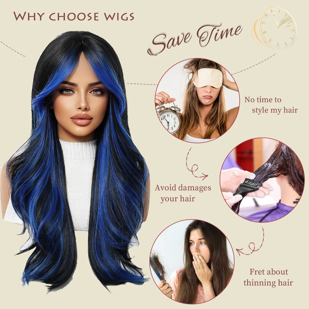 تجعيد الشعر الاصطناعية المتموجة ذات الجودة العالية مقاس 24 بوصة باللونين الأسود والأزرق مناسبة للشعر المستعار اليومي الطبيعي والرقيق #4