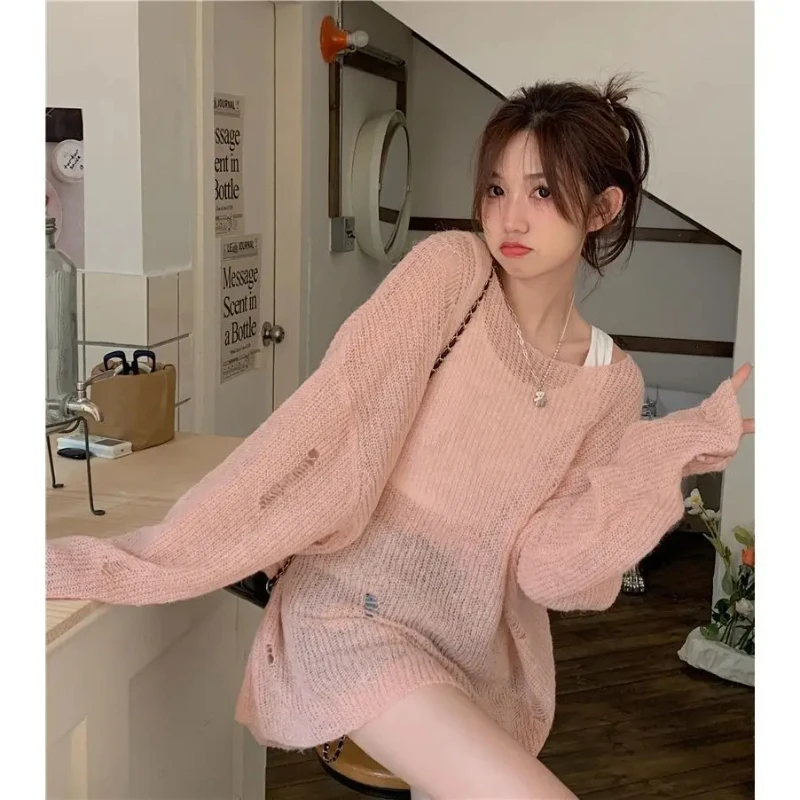 

Hollow sun protection tops for women 2025 new style oblique collar long sleeve sweater loose versatile knitted pullover