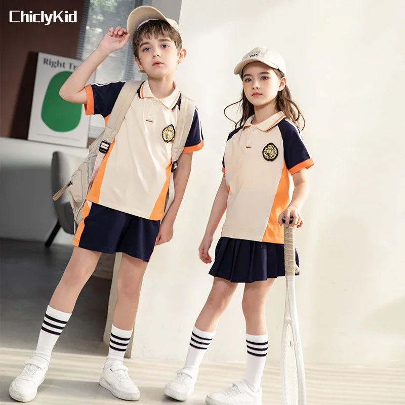 Boy T Shirt Sport Shorts Girl Short Sleeve Polo Shirt Skirt Kids Summer School Uniform Clothes Set Students Child British Outfit