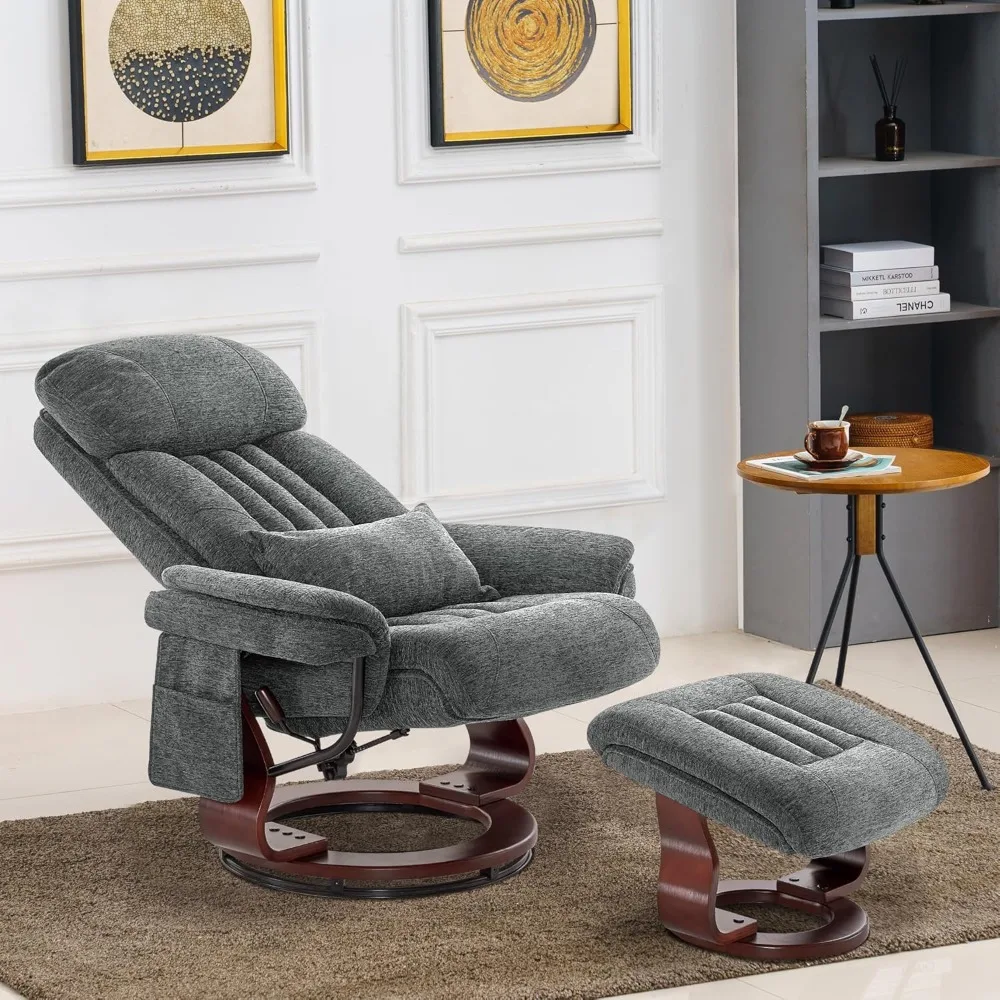 Recliner, Multi-Position Casual Office Chair, Swivel Base and Footstool with Vibrating Massage, Chenille Fabric, Casual Recliner