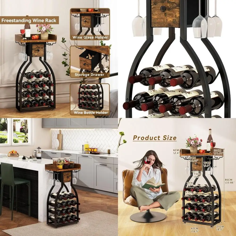 

Freestanding Wine Rack for 15 Bottles with Glass Holders, Rustic Brown Mini Bar Cabinet for Home Kitchen Dining Area