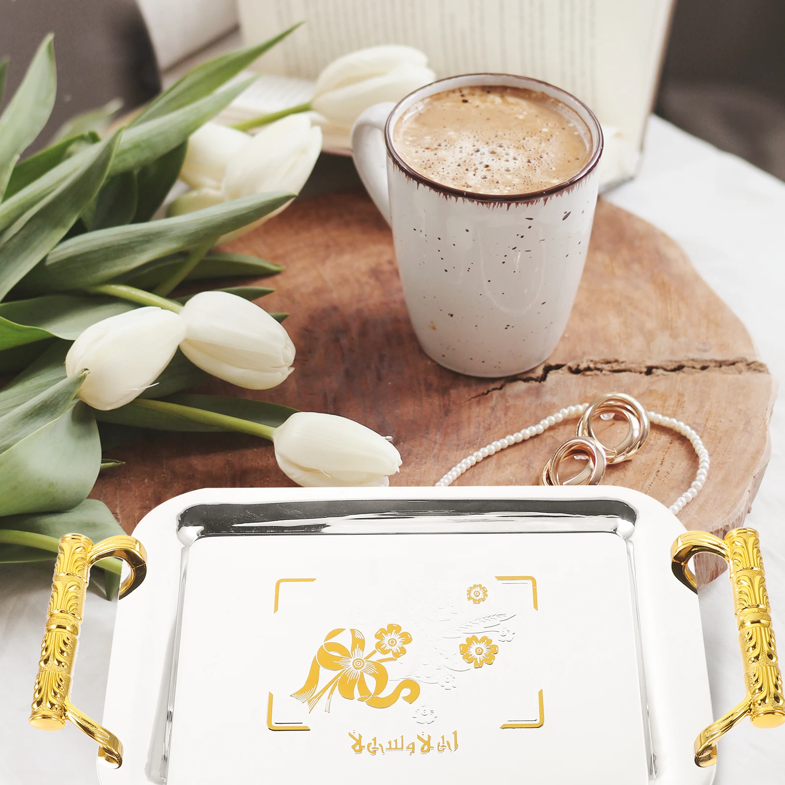 

Stainless Steel Coffee Thick Serving Platter Handles Ergonomic Design Reusable For Tea Pot Dessert Fruit Jewelry Storage