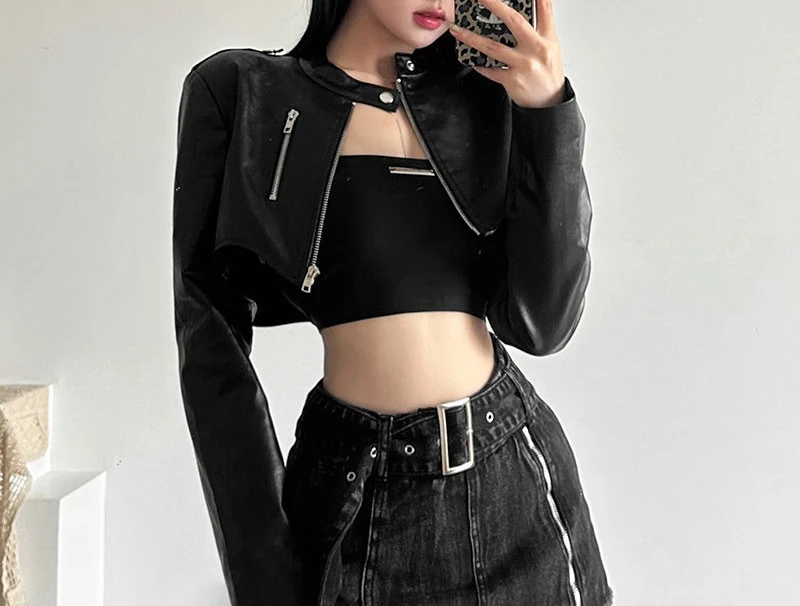 Retro Hottie Ultra-short Cool Short Jacket Women's Chic Unique Temperament Shawl Pu Leather Jacket