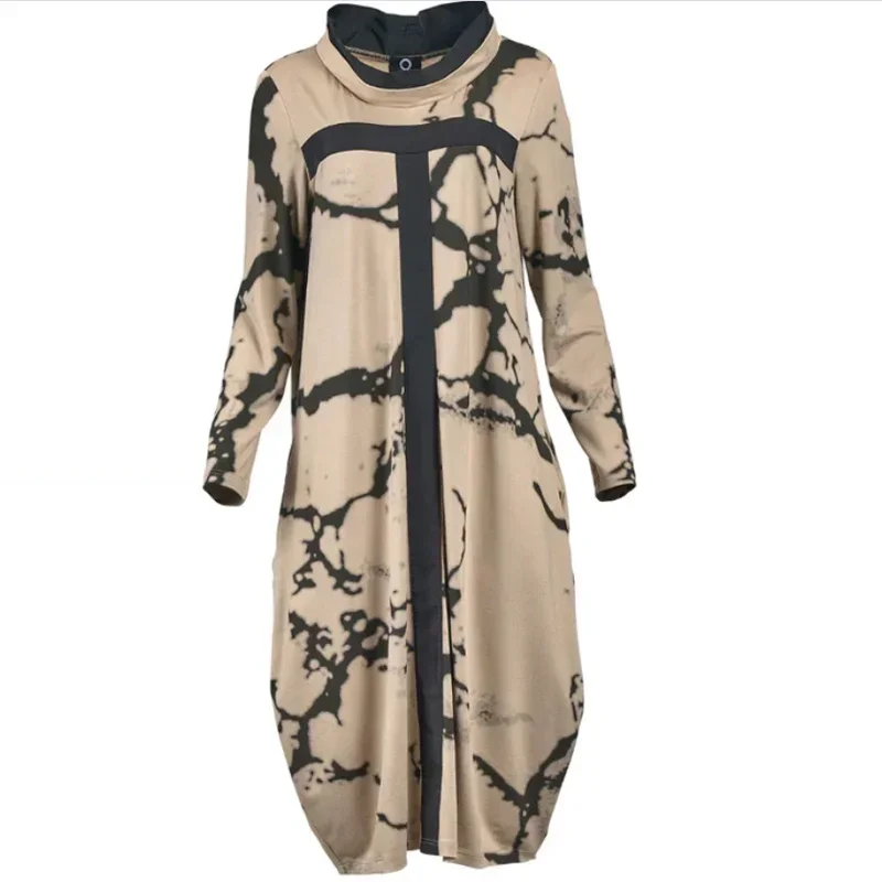 

2024 Spring Lady Stand Neck Long Sleeved Long Dress Female Casual Pullover Dress New Autumn Winter Women Printed Patchwork Dress