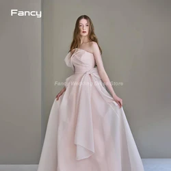 Fancy Simple Pink Korea Strapless Wedding Dress Photo Shoot Bow Sleeveless A Line Bridal Gown Sweep Train 웨딩드레스