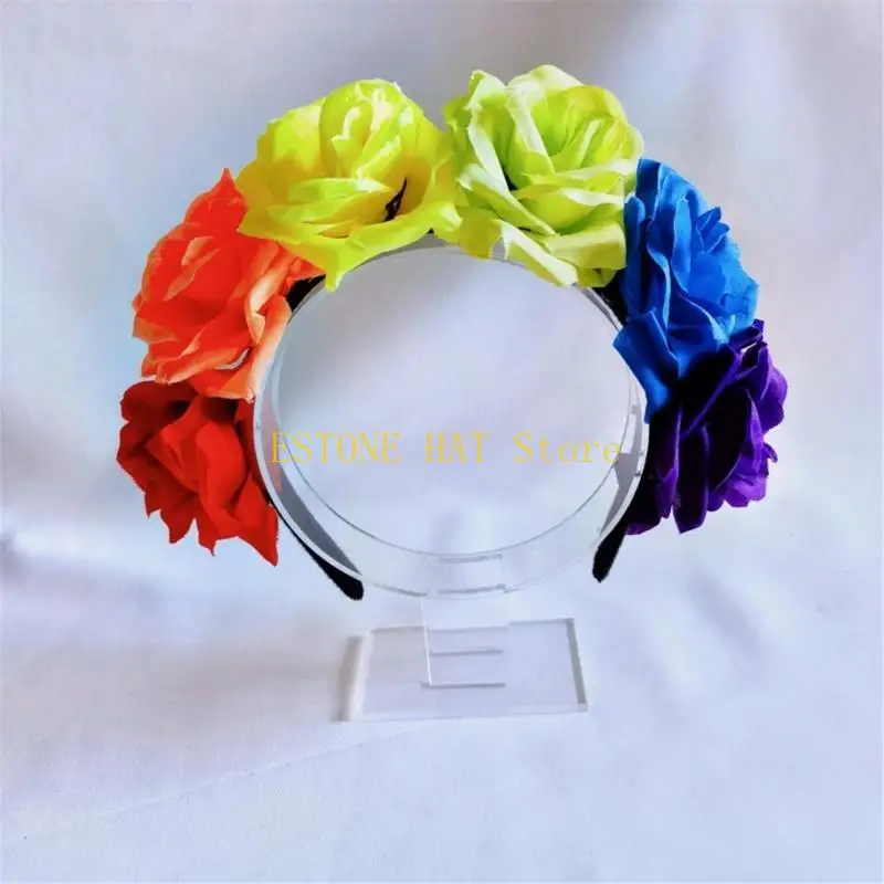 49MF Rainbow Rose Hairband Costume Hair Hoop Pride Headwear for Live Show